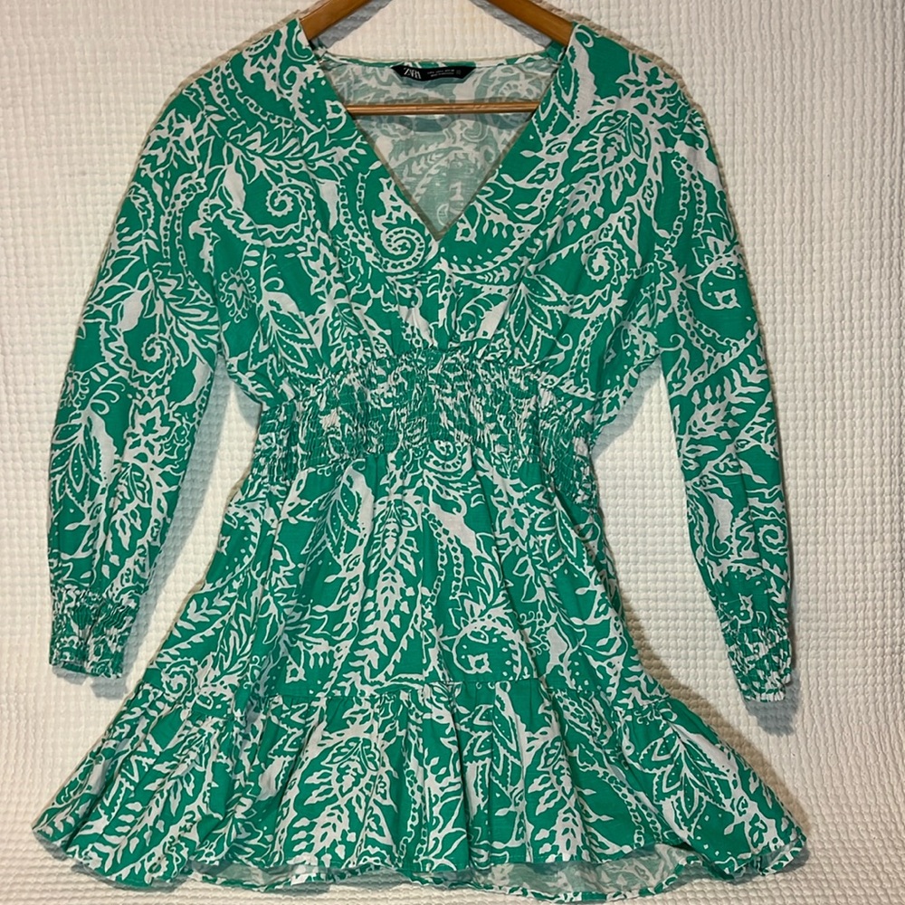 Zara Green and White Mini Dress